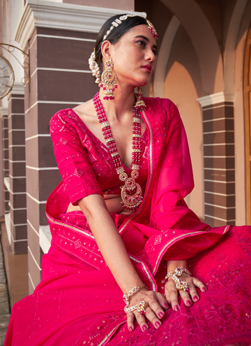 Breathtaking Rani Pink Georgette Lucknowi Work Lehenga Choli